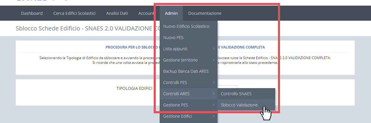 immagine menu admin, controlli ARES, sblocco validazione